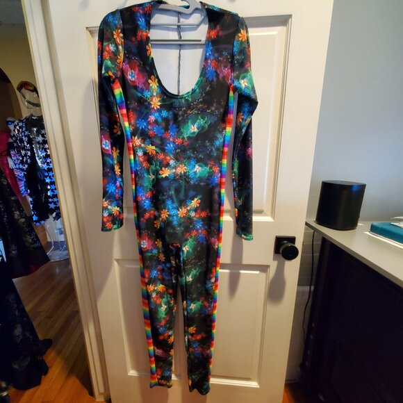 Gothic Garden Long Sleeve Scoop Neck Catsuit with Rainbow Stripe Side Panels - Picture 3 of 4